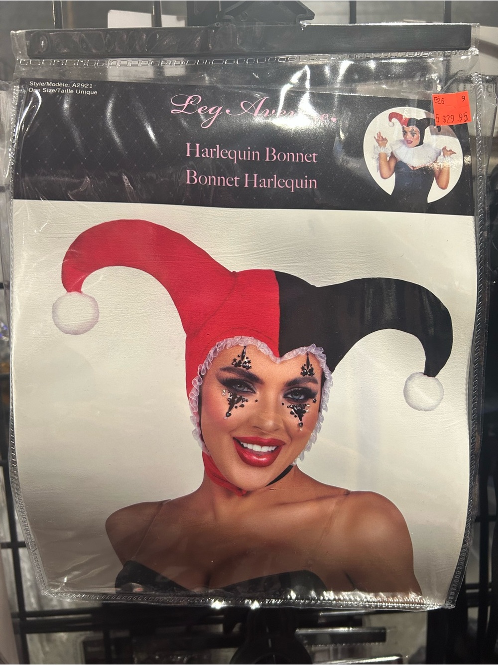 Leg Avenue Red & Black Harlequin Bonnet Hat with White Pom-Poms